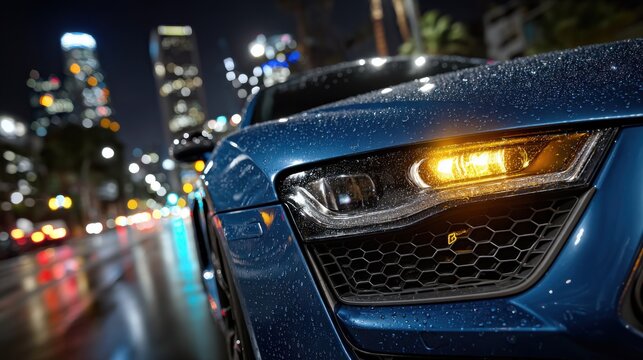 Sleek blue sports car with water droplets illuminated by warm yellow headlight at night, showcasing a modern honeycomb-patterned grille and sporty aesthetic. The blurred cityscape background features 