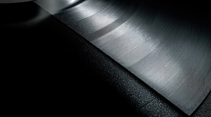 Close-up of a dark vinyl record spinning on a turntable, illuminated, showing grooves and texture