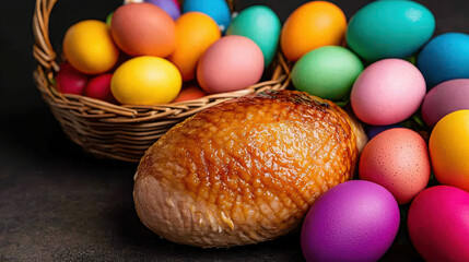Festive Easter Celebration with Colorful Eggs and Roasted Turkey on Dark Background for Spring Holiday Themes