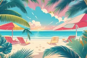 Tropical Summer Beach Illustration with Coconut Drink, Palm Trees, and Sunset

