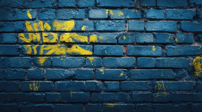 A dark-blue brick wall textured with yellow handprints, suggesting a distressed, possibly protest-related, artistic expression. The paint is splattered, uneven, giving a raw, gritty feel - Powered by Adobe