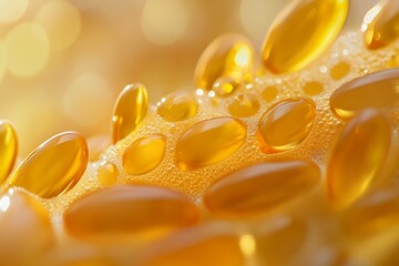 Close up of golden omega 3 capsules on textured yellow surface