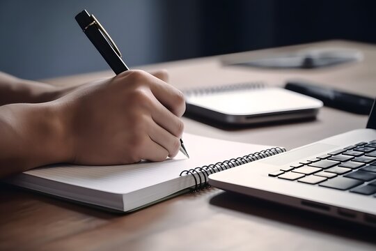 male hand holding a pen writing notes on a notebook beside a computer monitor, minimal desk setup, natural daylight 
