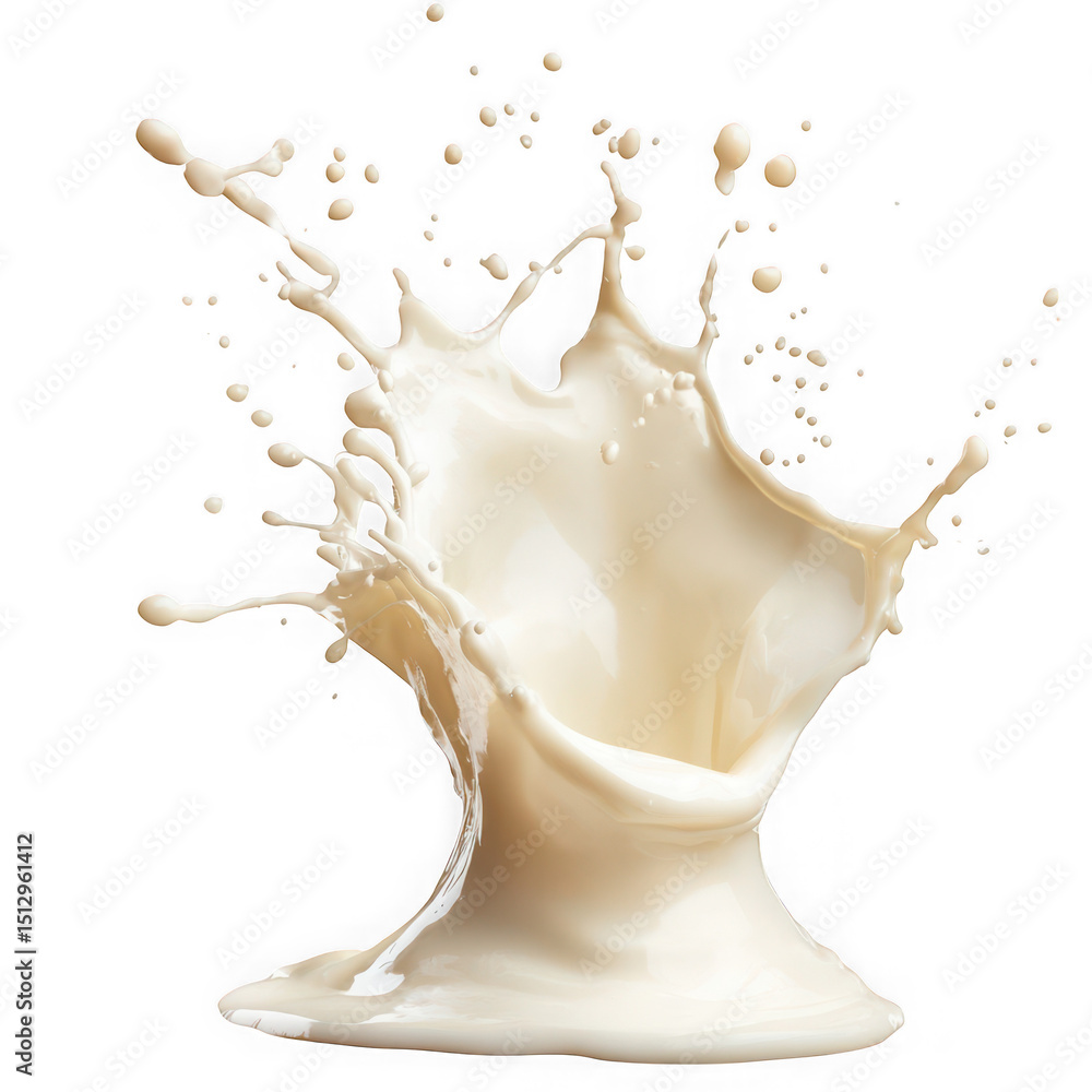 Poster isolated close up shot of a dynamic milk splash with droplets against a black background in studio l