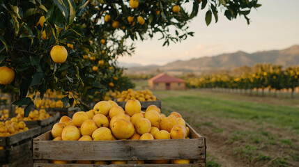 Freshly Harvested Oranges in Wooden Crates Surrounded by Citrus Trees under Evening Sky with Scenic Mountains and Farmhouse in Background