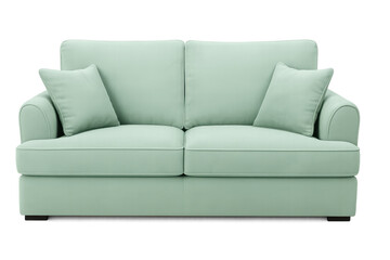 Fototapeta premium Comfortable light green sofa with two cushions isolated on transparent background, perfect for interior design projects