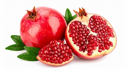 Sliced and whole pomegranates isolated on white background