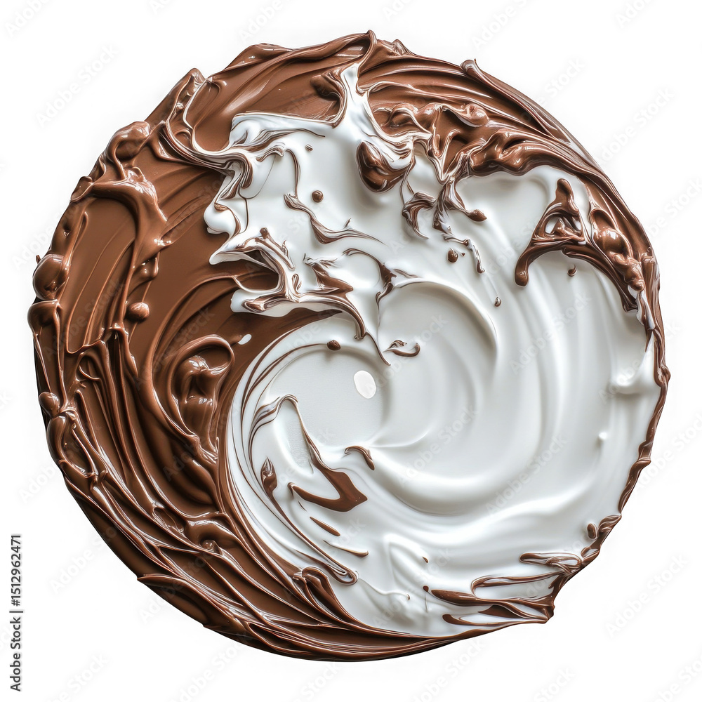Poster circular swirl of chocolate and white cream creating a yin yang symbol on a black background on tran