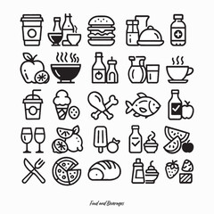 A clean set of 25 food and beverage line icons, created from an AI-generated concept and professionally vectorized for commercial use. Ideal for menu designs, UI/UX interfaces, packaging, etc