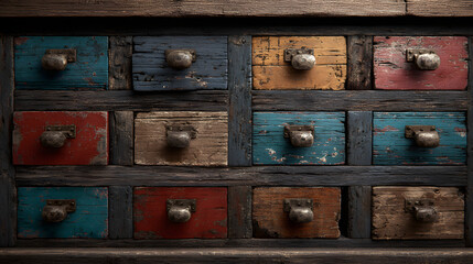 Antique Wooden Drawer Cabinet with Colorful Drawers