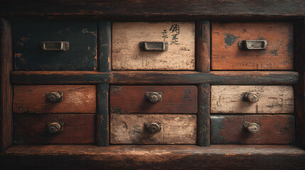 Close-up of antique wooden drawers with various colors and textures, ideal for vintage themes.