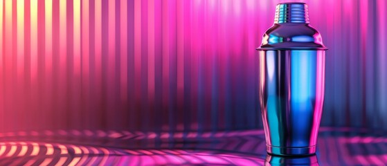 Cocktail Shaker on Neon Background, Singl Bar Drink Mixer, Metal Cocktail Shaker, Copy Space, Generative AI Illustration AI generated