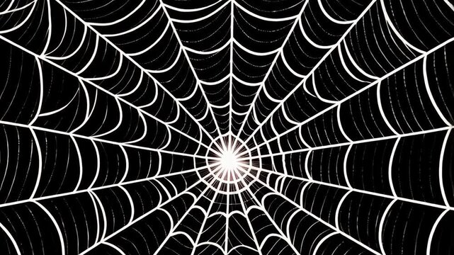 White abstract spider web on black background with a radiating perspective and intricate lines, creating a sense of depth and geometric design.