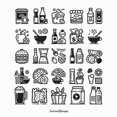 A clean set of 25 food and beverage line icons, created from an AI-generated concept and professionally vectorized for commercial use. Ideal for menu designs, UI/UX interfaces, packaging, etc.