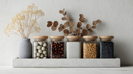 Glass jars filled with assorted spices, seeds, and grains neatly arranged on a shelf with dried flowers