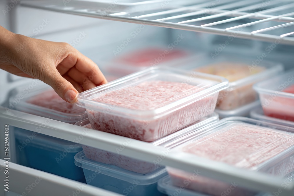 Poster hand placing labeled frozen meal into a chest freezer while organizing contents in a dimly lit kitch