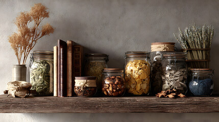 Rustic apothecary shelf filled with jars of herbs, spices, and dried botanicals, alongside antique books