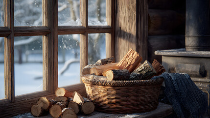 Cozy Winter Cabin Firewood by the Window