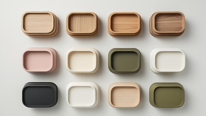 Twelve modern square trays in various colors and materials