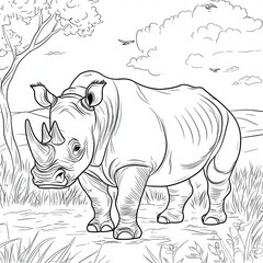 Fototapeta premium Detailed Black and White Outline of a Rhinoceros in Nature Setting