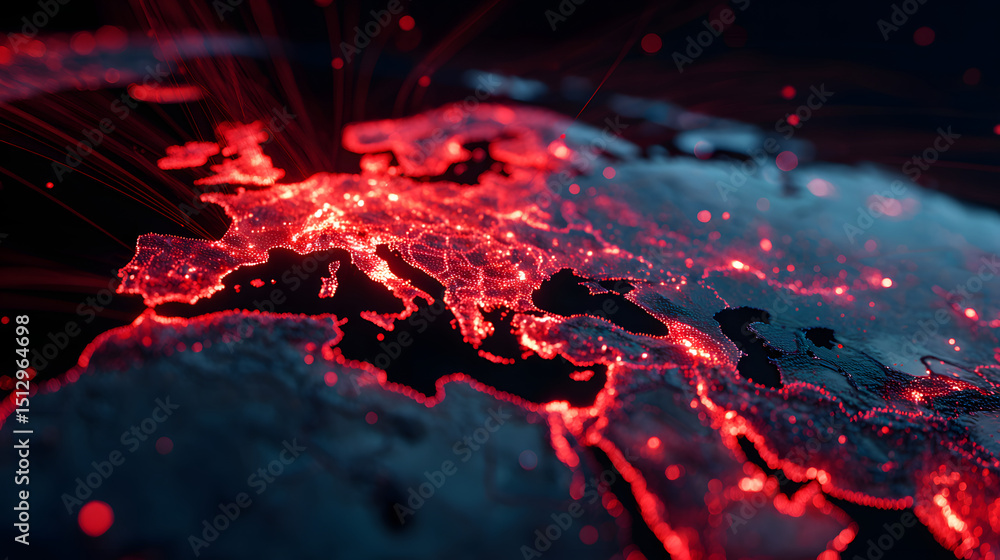 Poster global network of glowing red lights spreading across europe, representing data flow and interconnec