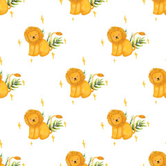 Fototapeta premium Cute Watercolor Lion Seamless Pattern, Adorable seamless pattern featuring a hand-painted watercolor lion with green leaves and golden stars on a white background. Perfect for nursery design