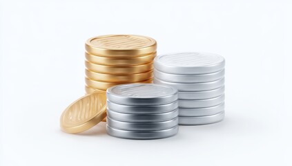 Gold and silver coin stacks on white background