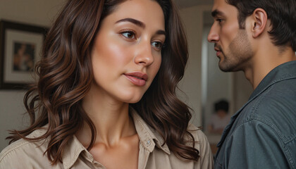 Fototapeta premium Young woman and man standing in a room with soft lighting 