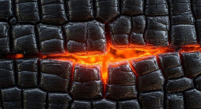 Charred wood texture with fiery glow creating a striking abstract background