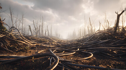 Dramatic landscape featuring a desolate environment with fallen trees, wires, and a sense of desolation