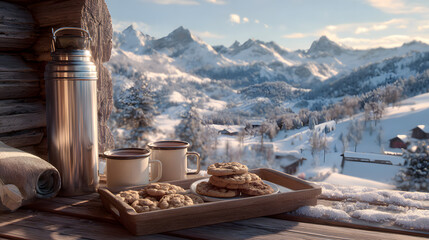 Cozy Winter Scene with Hot Drinks and Cookies on a Wooden Tray with Snow-Covered Mountains in the Background