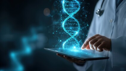 Doctor interacts with DNA model on tablet