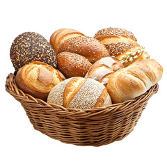 Freshly baked bread assortment in a basket with various buns, rolls, and loaves isolated on transparent background