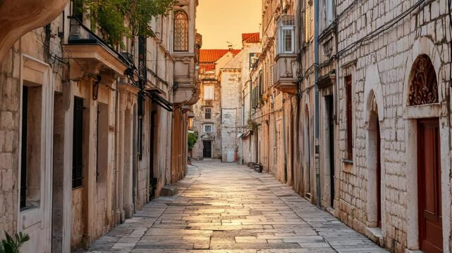 A narrow, cobblestone street with a few buildings on either side. The street is empty and the sun is shining brightly