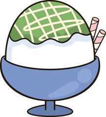 Bingsu with shaved ice, topped with green sauce in a cup and lefferoles.