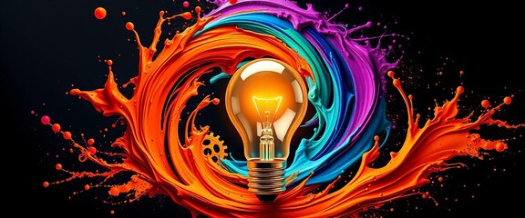 Abstract swirling shapes forming lightbulb, gears, and paint splashes Editable stroke,  splash,  thinking