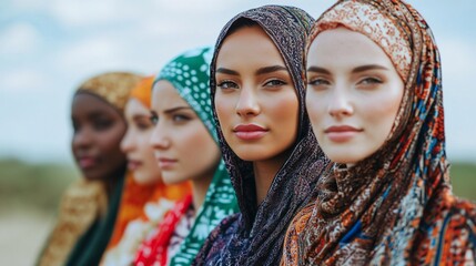 Fototapeta premium Diverse beauty: A row of women in colorful hijabs standing together