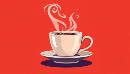 Obraz premium Steaming coffee cup, stylized vector art, banner ready , cozy, line