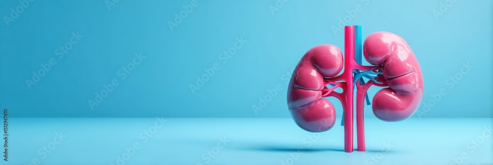 Poster Realistic 3D Render of Healthy Human Kidneys on a Blue Background With Upper Space Empty for Captions or Text