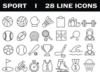 Collection of sports icons. Game attributes. Different types of games icons like soccer, basketball, swimming, golf, weightlifting, volleyball etc.
