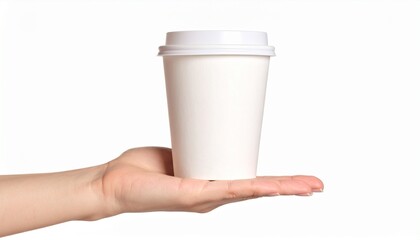 Hand holding paper cup isolated on white background