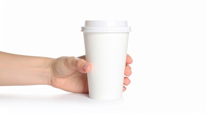 Hand holding paper cup isolated on white background