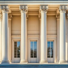 Obraz premium Classical columned facade architecture with Greek or Roman design, symmetrical lines, stone materials, and historic influence on civic and institutional buildings