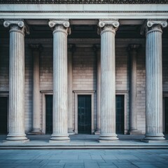 Classical columned facade architecture with Greek or Roman design, symmetrical lines, stone materials, and historic influence on civic and institutional buildings