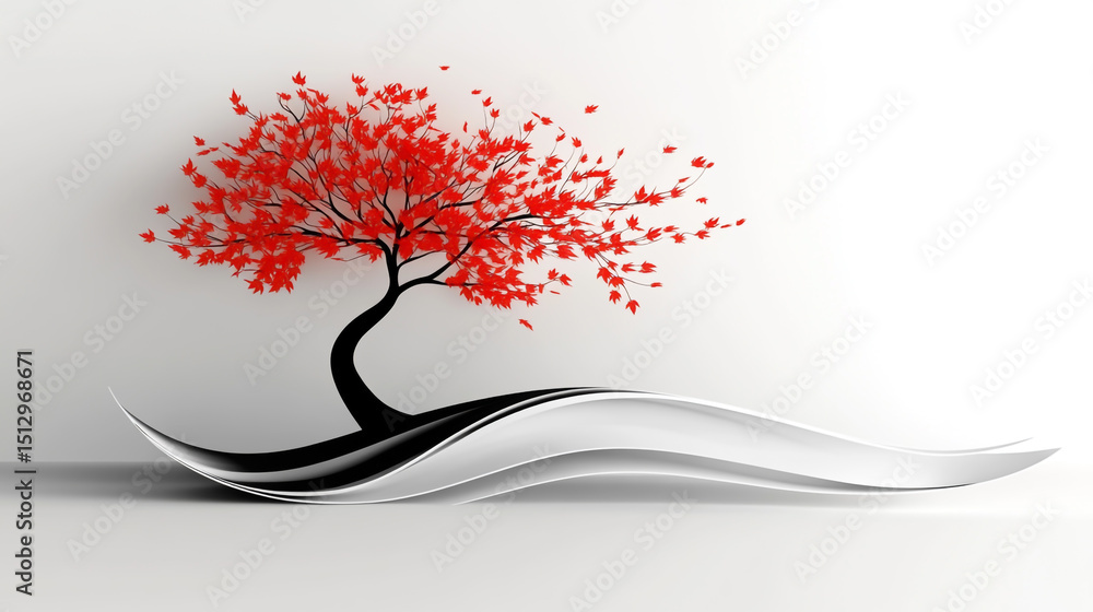 Poster logo design, white background. there is an abstract tree with a black trunk and red leaves at the to
