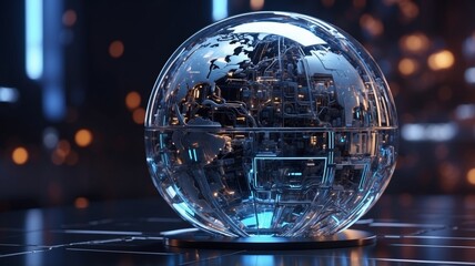 Fototapeta premium Digital Globe 3D: Cyberpunk Neural Network, Metallic Blue Data Nodes