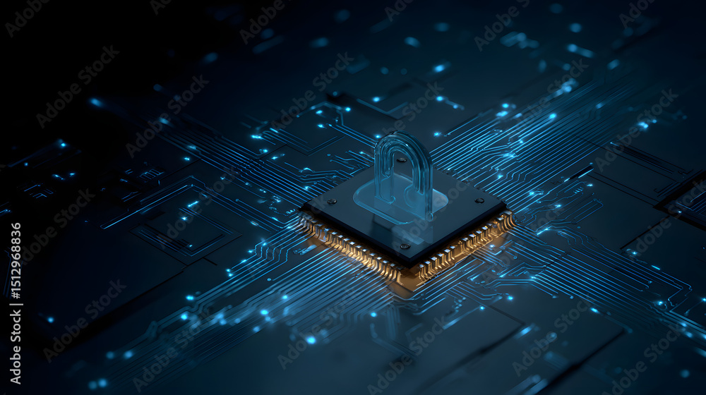 Poster a powerful central processing unit microchip glows with blue light trails, symbolizing high-speed da