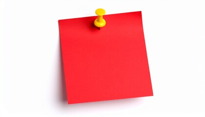 Red sticky post it note with yellow pushpin isolated white background