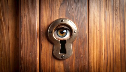 Eye in a keyhole of a wooden door