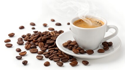 Obraz premium Directly above shot of coffee cup with beans on white background